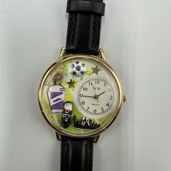 WW Whimsical Soccer Watch Men Gold Tone Black Leather Band 40MM Case New Battery - Picture 3 of 12